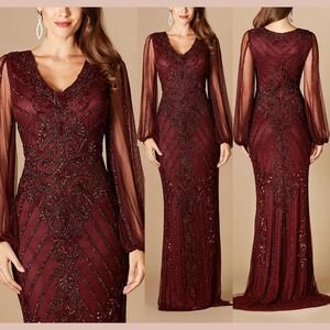 NWT LARA NY [ 12 ]‎ 29369 V Neck Long Sleeve Beaded Gown in Wine Red #S2089
